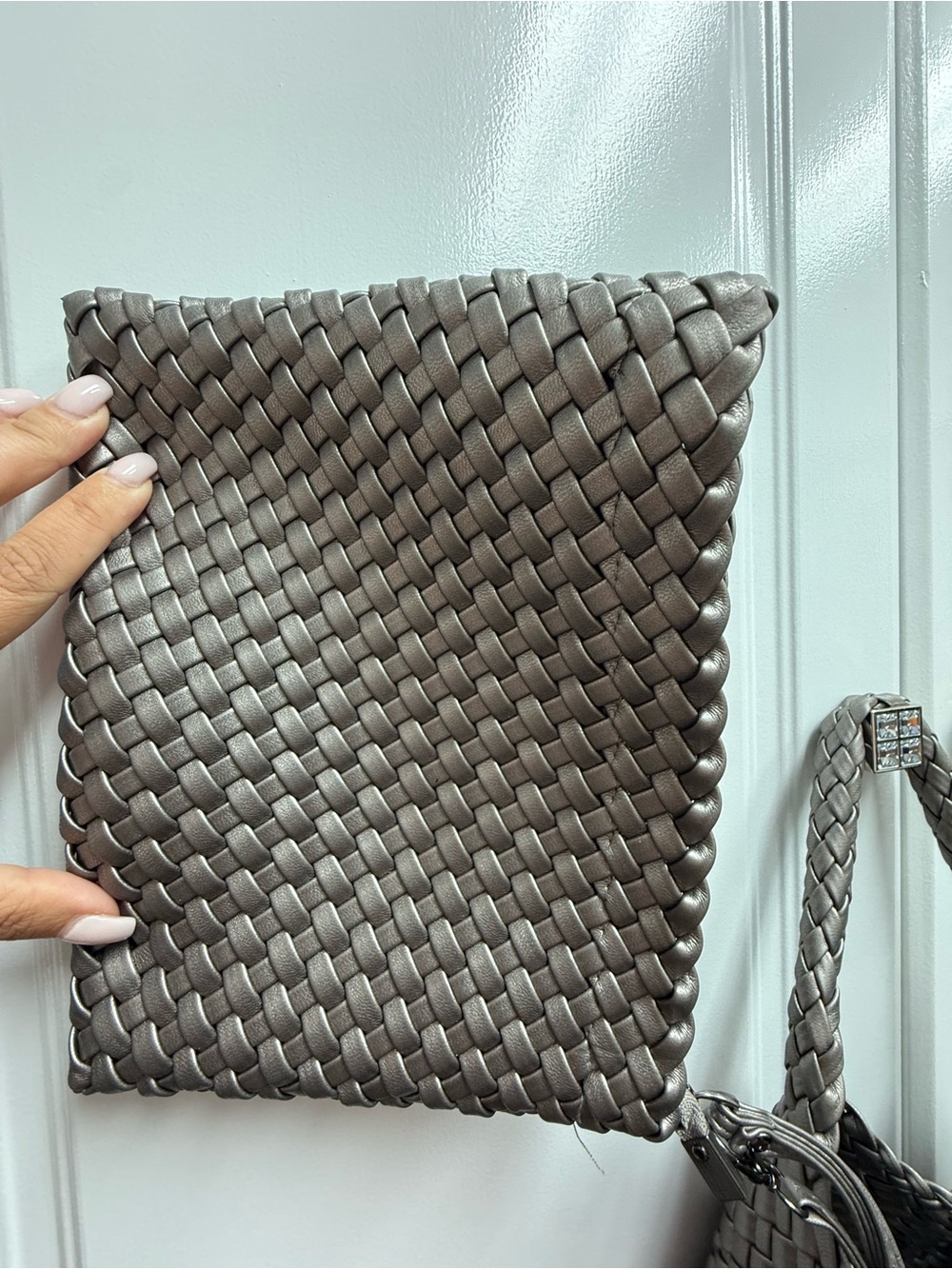 Woven Metallic Tote Bag in Pewter - Picture 7 of 8